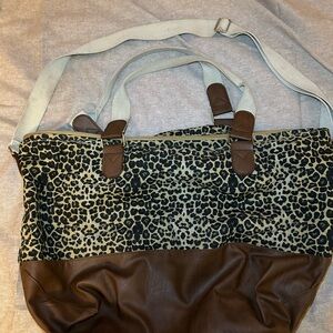 Leopard Print and Brown Leather Tote Bag